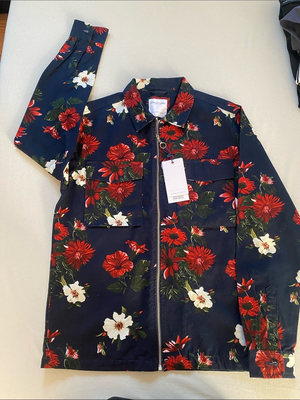 Denim & Flower Navy Floral Zip-Up Utility Jacket with Red & White Blooms - Picture 4 of 5